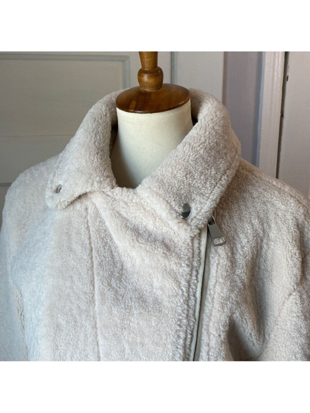 Mango Ivory Faux Shearling Biker Jacket, Size S - Picture 11 of 17